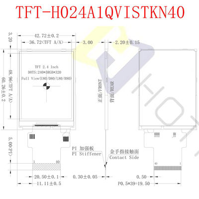 계측기 TFT-H024A13VGIST5N40을 위한 500 cd/M2 2.4 인치 TFT LCD 디스플레이 480X640 SPI 인터페이스