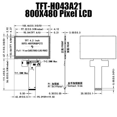 480x272 색 4.3 인치 TFT LCD 디스플레이 모듈 태양광 읽기 쉬운 TFT-H043A21WQISTKN40