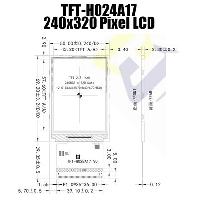 2.8 인치 MCU 디스플레이 TFT LCD 240x320은 IC ST7789 TFT-H028A17QVTST2N37으로 250 cd/M2에 점을 찍습니다