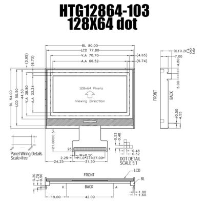128X64 회색 COG LCD 모듈 그래픽 66.52x33.24mm ST7565P HTG12864-103