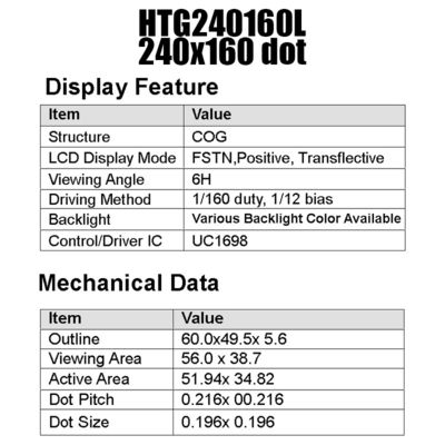 측면 하얀 백라이트 HTG240160L과 18PIN 240x160 COG LCD 모듈 UC1698