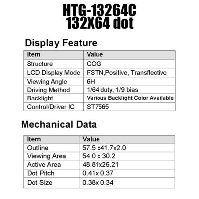MCU 132x64 LCD COG 디스플레이, ST7565R 전달 가능한 LCD 스크린 HTG13264C