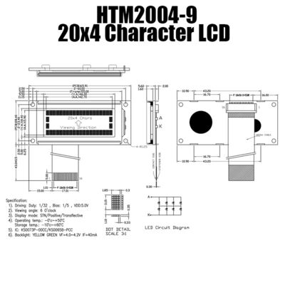산업적 HTM2004-9를 위한 4X20 하얀 호리호리한 캐릭터 LCD 모듈