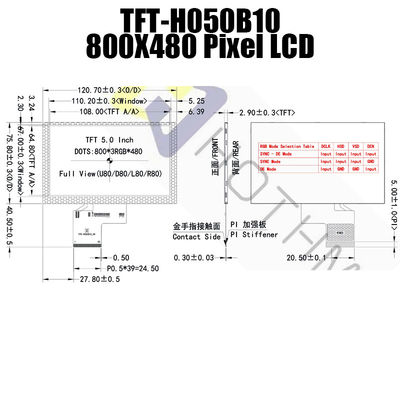 실용적 5 인치 RGB TFT 디스플레이, IC ST7262 태양광 판독 가능 디스플레이 TFT-H050B10SVISTKN50