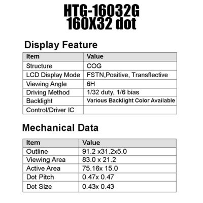 75.16x16mm COG LCD 모듈 160x32 ST7525 부정적 전달 가능한 HTG16032G